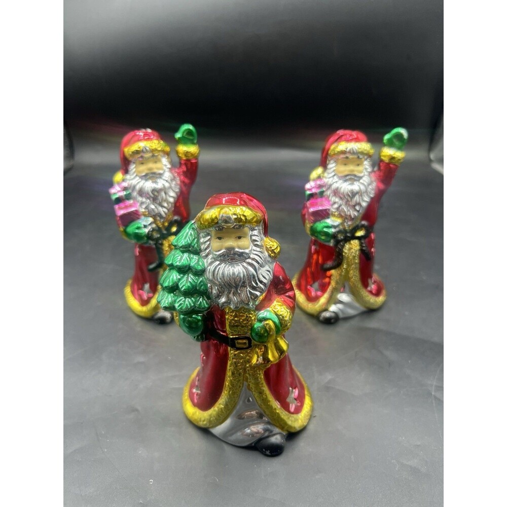 Vintage Ceramic Metallic Santa Claus Tealight Candle Holder Star Cutouts Bell